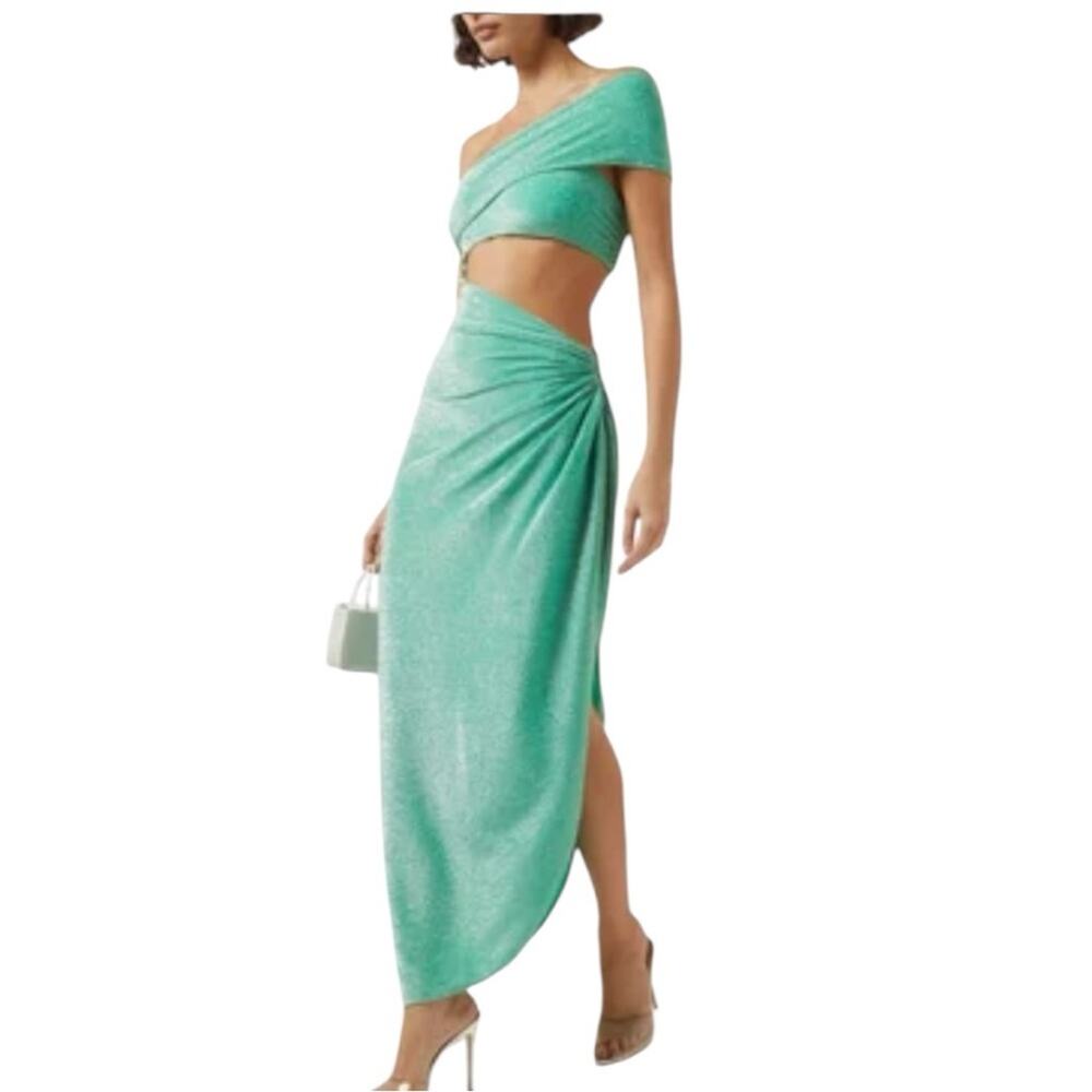 Baobab‎ One Shoulder Strapless Cut Out Midi Dress Metallic Green Size Small Luxe